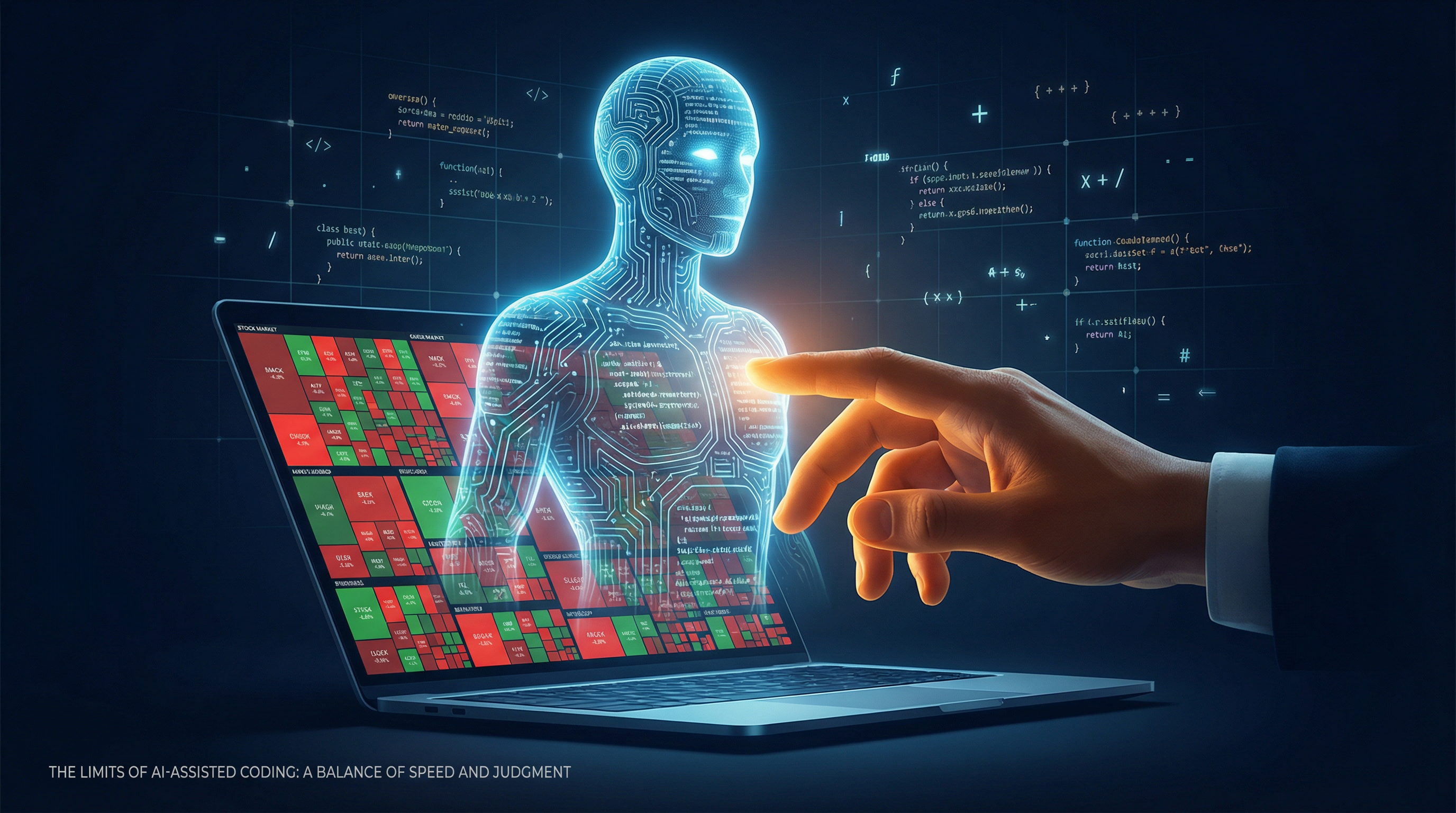 A translucent AI ghost figure made of code and circuit patterns hovering over a laptop displaying a stock market heat map, with a human hand reaching toward the screen — representing the tension between AI speed and human engineering judgment
