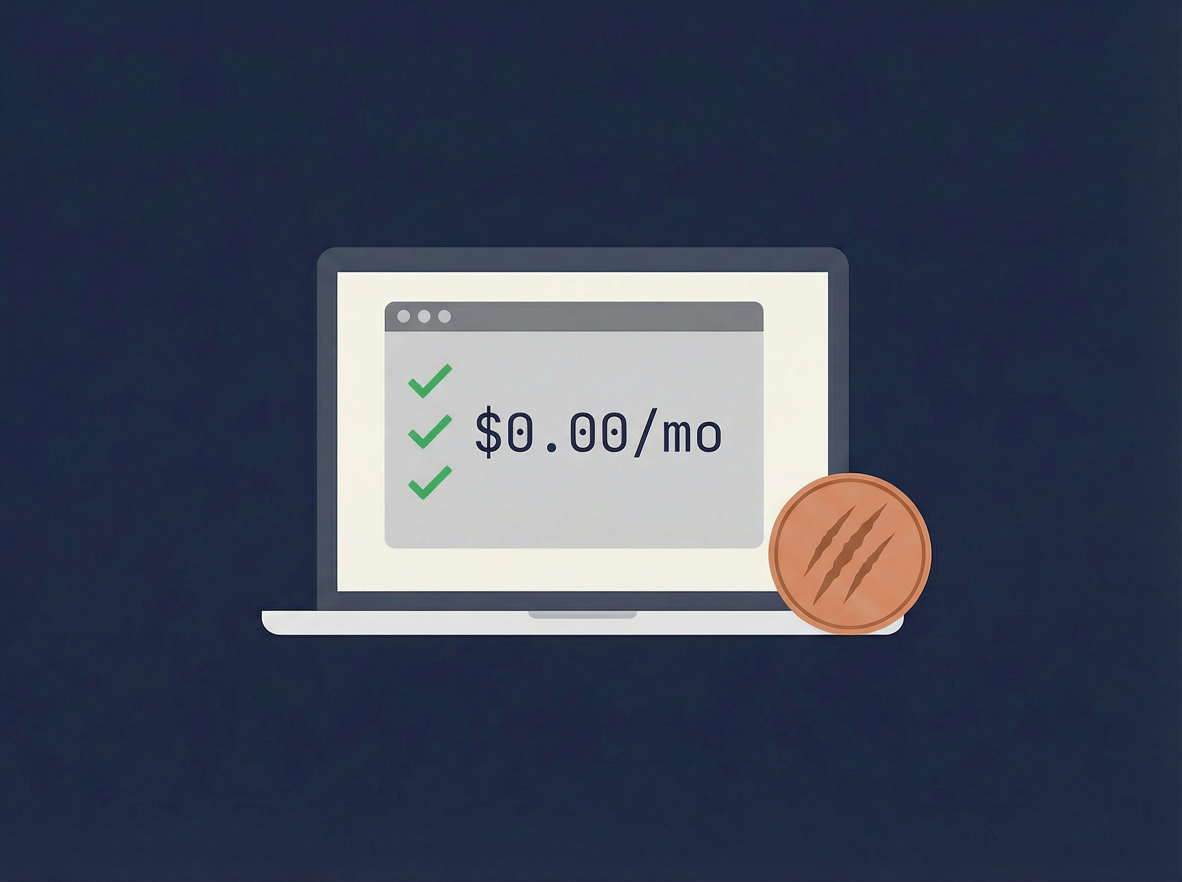 A flat illustration of a laptop displaying green checkmarks and $0.00/mo, with a copper penny bearing claw marks beside it