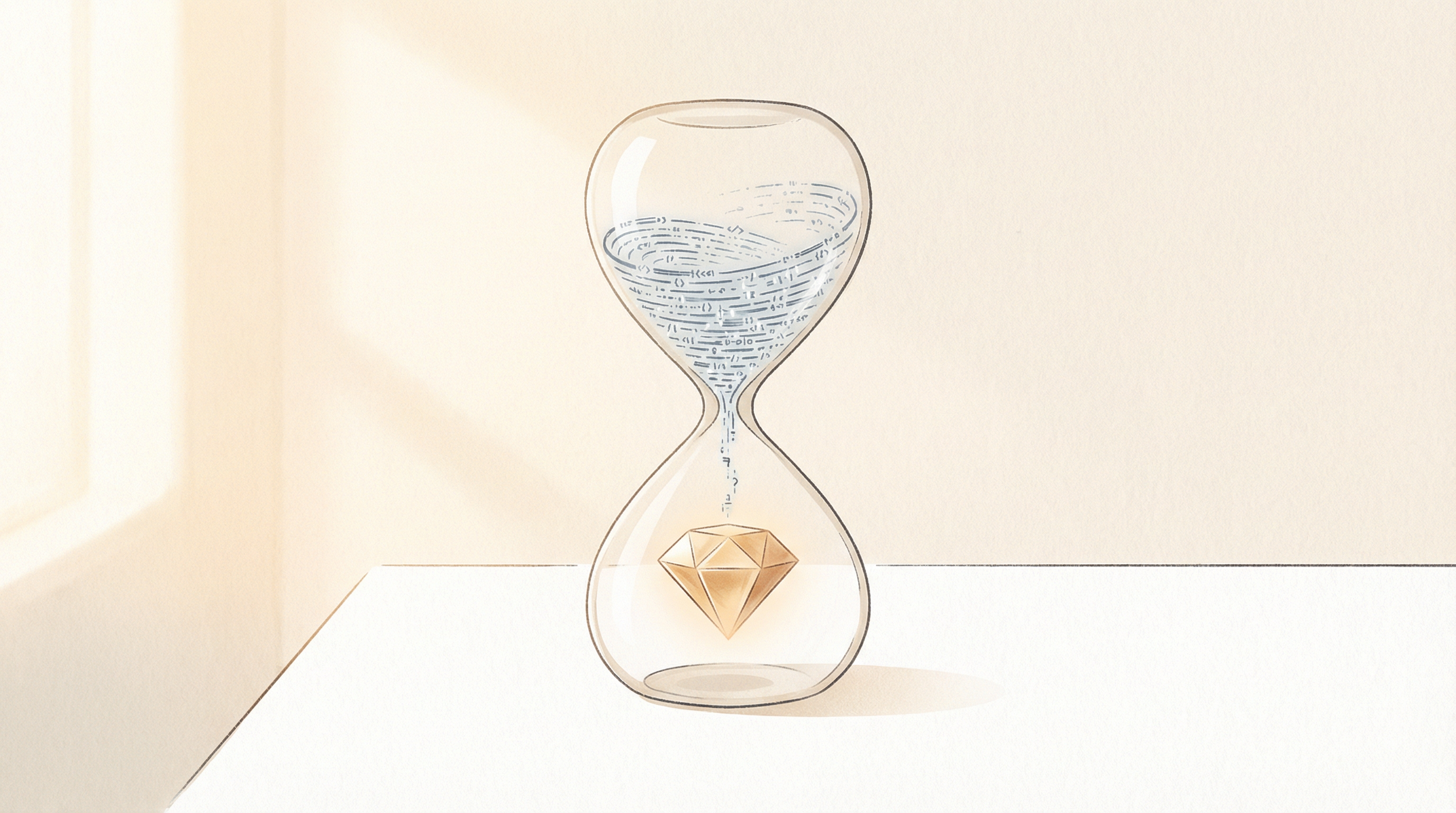 An hourglass with code filtering down into a diamond — raw execution distilled into refined taste